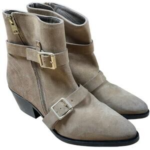 AllSaints NWOB Lior Suede Ankle Boots Beige Size 38 US 8 Side Zip Buckle Accent